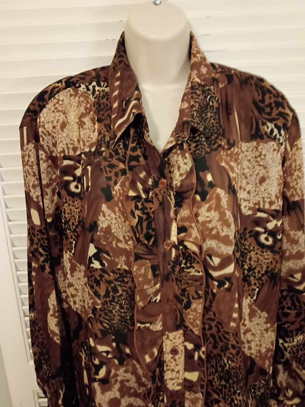 Brown Printed Ruffle-Front Button Down Blouse - Picture 3 of 7